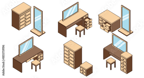 Collection of isometric furniture designs including dressing tables with mirrors, stools, and chests of drawers for bedroom decor.