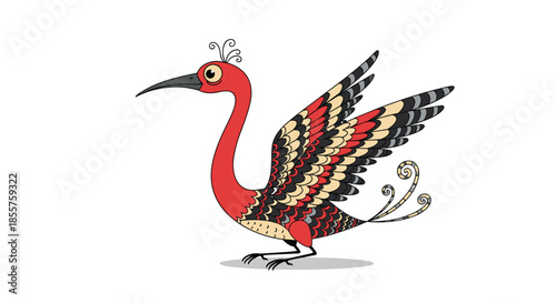 Beautiful red fantasy bird with intricate patterns on its wings and a long tail, standing majestically on a white background.