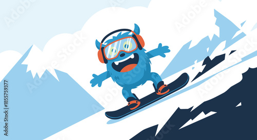 Cute blue furry monster wearing goggles and headphones snowboarding down a snowy mountain slope during winter season.