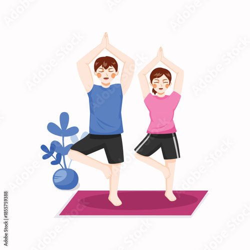 A flat illustration of two people performing a balanced yoga pose together, symbolizing harmony, wellness, and mindful exercise practices.
