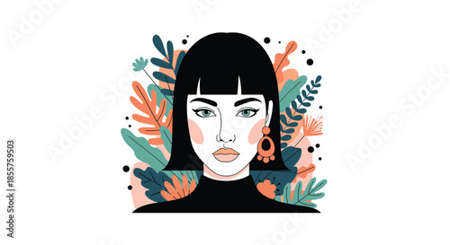 Artistic portrait of a stylish woman with black hair and bangs, framed by colorful tropical leaves and floral patterns.