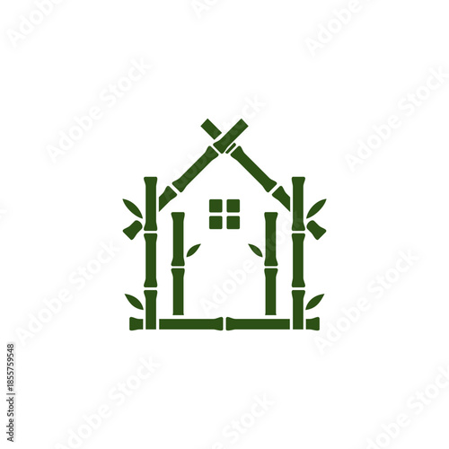 Minimal bamboo house icon in green vector style, isolated on white background