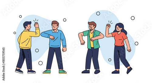 Group of people demonstrating safe social distancing greetings such as elbow bumps and waves instead of handshakes.