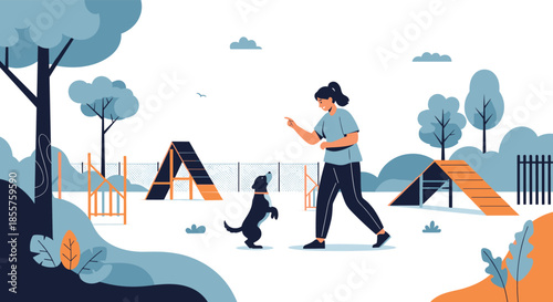 Woman training her dog at an outdoor agility park with various obstacles like ramps and tunnels on a sunny day.