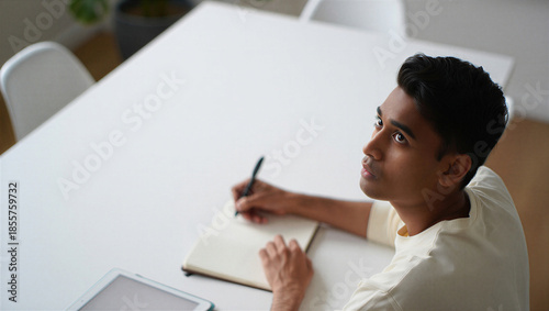 Focused Young Man Writing & Thinking. Student Concentrating on Learning, Study, Business Plan, Creative Ideas at Modern Table.