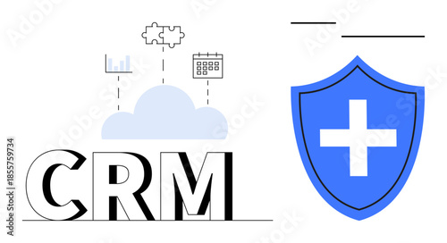 Business management, cloud computing, data protection, customer relations, technology solutions, workflow integration. CRM text with a cloud, graphs and puzzle pieces. Business management and data