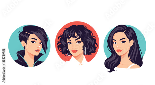 Collection of three stylish female avatar portraits with different hairstyles and hair colors in circular frames on a light background.