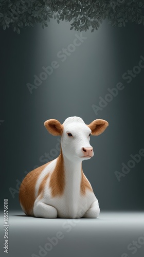 Cow resting in shade concept, A calm cow rests peacefully under a soft light in a tranquil setting.