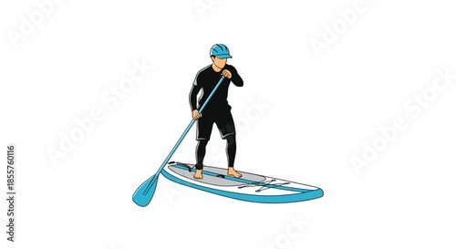 Athletic man wearing a helmet and wetsuit practicing stand up paddleboarding on a white background with a blue board.