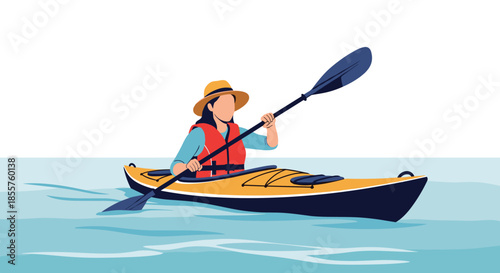 Woman wearing a life jacket and a sun hat paddling a yellow kayak on calm blue ocean or lake water during daytime.