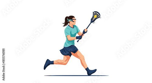 Athletic woman in action playing lacrosse with a stick and ball, running fast against a clean white background.