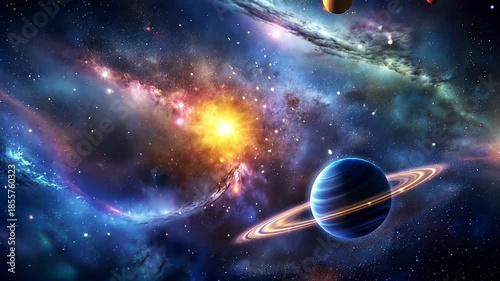 Animated journey through a colorful galaxy with planets and stars. Flying through a cosmic nebula in deep space. Science fiction and astronomy concept