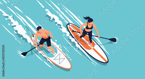 Athletic man and woman enjoy a sunny day out on the water while practicing stand up paddleboarding with splashes and waves.
