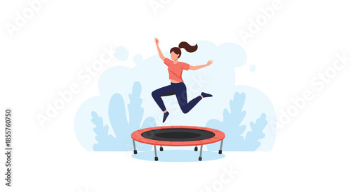 Happy young woman performs a high jump on a red trampoline against a soft blue background with abstract plant silhouettes.