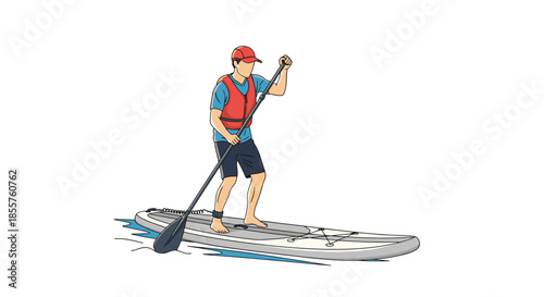 Determined man wearing a life jacket and red cap stands on a paddleboard while navigating through the water with a long paddle.