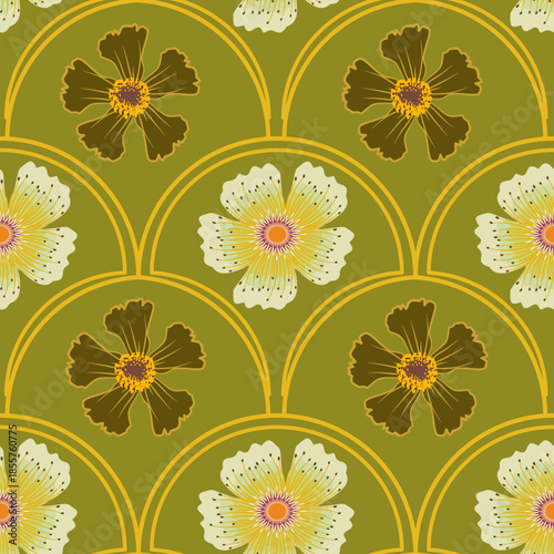  A light olive and cream scallop pattern showcasing intricate, woven feather-like designs with a rhythmic, organic feel.