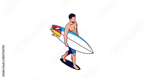 Shirtless man walks along the beach while carrying a large white surfboard with colorful fins in a flat vector illustration style.