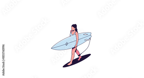 Young woman in a swimsuit walks while carrying a large white surfboard with a blue leash on a white background.