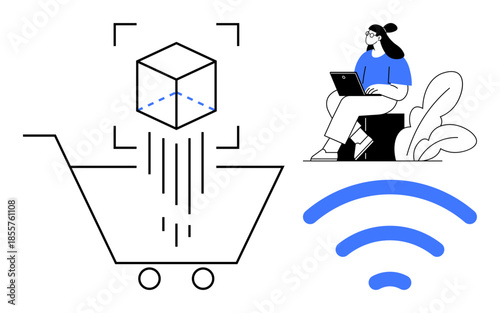 E-commerce concept. E-commerce by online shopping cart, 3D product integration, and wireless connectivity. E-commerce supported by remote work and digital technology. online retail, 3D tech, internet