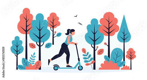 Young woman enjoys a ride on a blue scooter through a beautiful forest park filled with colorful trees and flying birds.