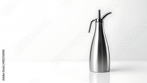Sleek, stainless-steel cruet on a white surface with a minimalist design, reflecting on the clean background