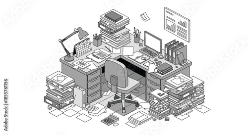 Extremely cluttered and messy office desk filled with stacks of papers, files, books, and various stationery in a line art style.
