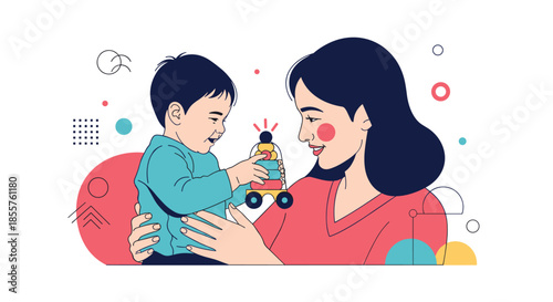 Happy mother and her young son bond while playing with a colorful stacking toy against a decorative abstract background.