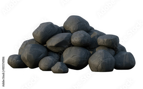 Pile of gray boulders and stones, isolated against a solid black backdrop isolated on transparent background