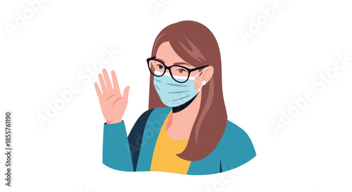 Friendly young woman with long hair and glasses wearing a blue protective surgical face mask and waving hello with her hand.