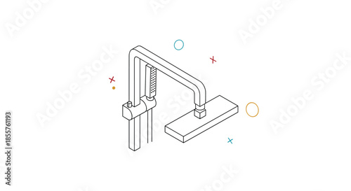 Simple isometric line drawing of a modern shower system including a rain shower head and a handheld sprayer.