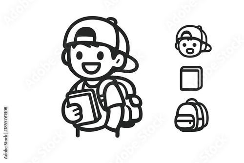 Cartoon kid with backpack and book icon set