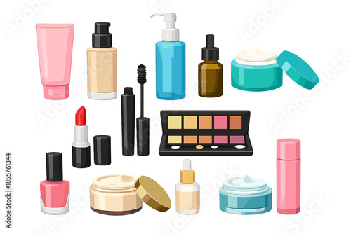 Collection of colorful beauty products and makeup