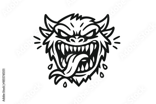 Ferocious Monster Face with Sharp Teeth and Tongue