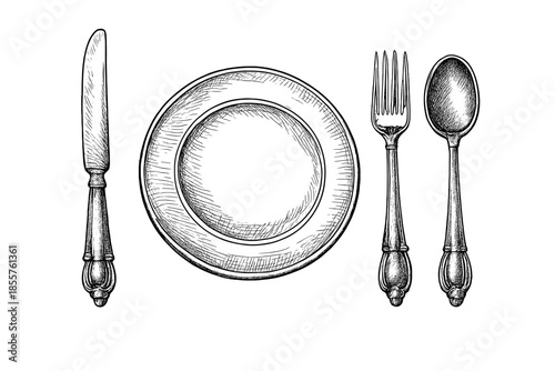 Vintage Engraved Table Setting with Plate, Knife, Fork, and Spoon