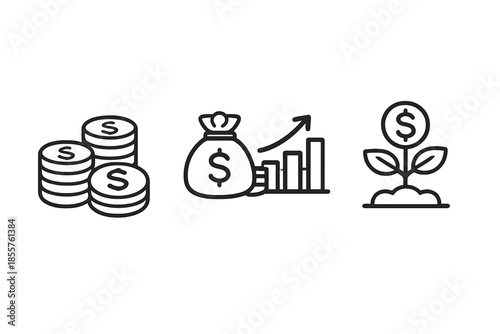 Financial growth icons: coins, money bag with chart, and money tree