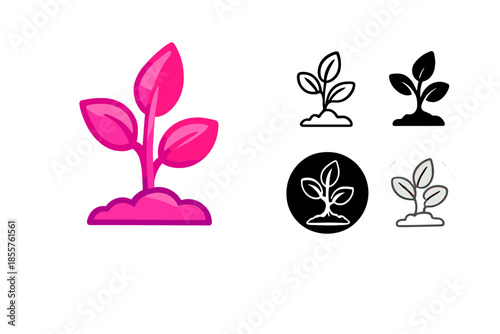 Neon pink sprout in soil with outline icons