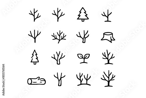 Set of stylized tree icons and natural elements on a gradient background
