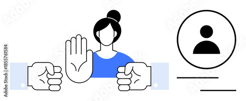Woman raising hand to signal stop between fists, profile icon implying interpersonal tension. Ideal for conflict resolution, boundaries, negotiation, mediation, workplace ethics, interpersonal