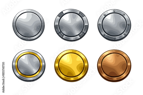 Collection of six metallic coins with different textures and finishes