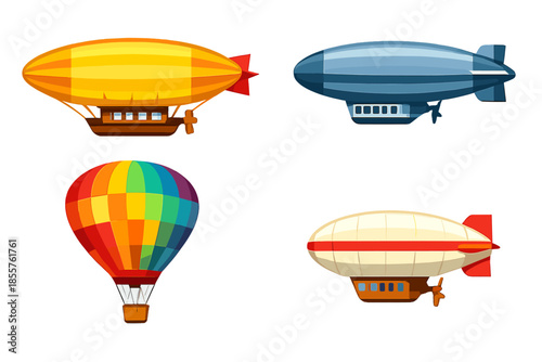 Four colorful airships and a hot air balloon in a gradient background