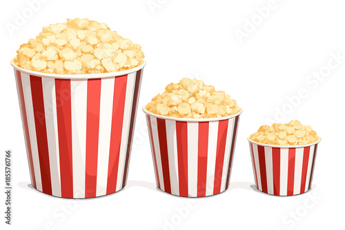 Three buckets of popcorn in a row