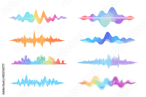 Abstract Sound Waves and Cityscape Illustrations with Neon Glow