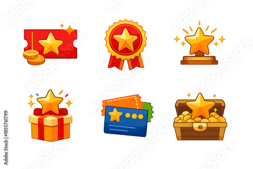 Collection of game reward icons with golden stars and treasures