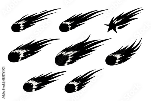 Collection of stylized black comets with glowing tails
