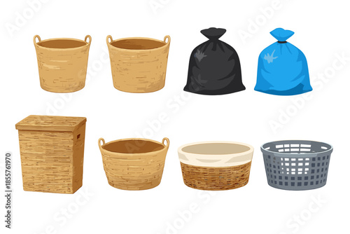Collection of baskets and garbage bags