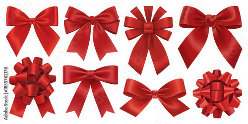 A collection of festive red bows with varying designs for gift wrapping and holiday decorations isolated on transparent background