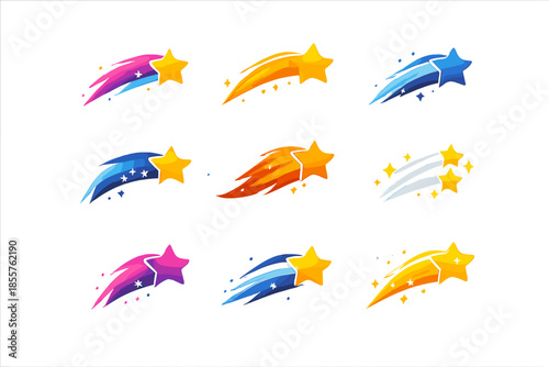 Collection of colorful shooting stars with glowing effects