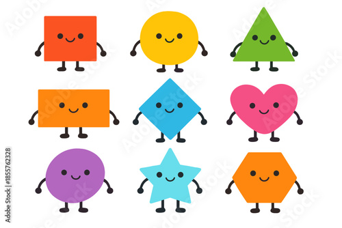 Cute Cartoon Geometric Shapes with Faces and Arms