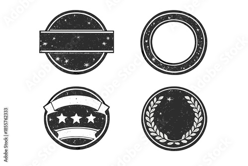 Collection of four vintage-style circular badges with grunge texture