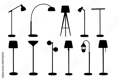 Collection of black floor lamp silhouettes on a dark background